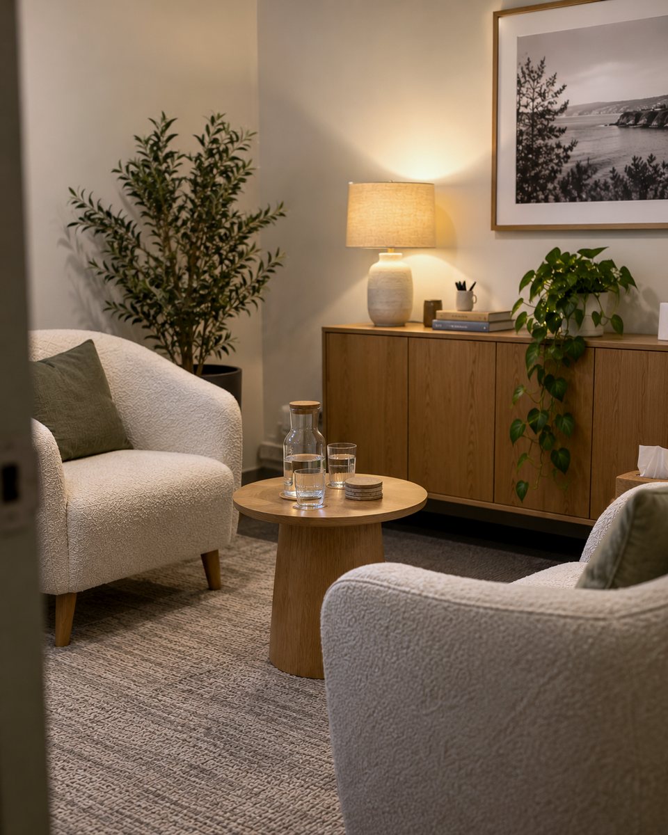 A calm consulting room at our practice, with two armchairs, a timber sideboard and a soft lamp