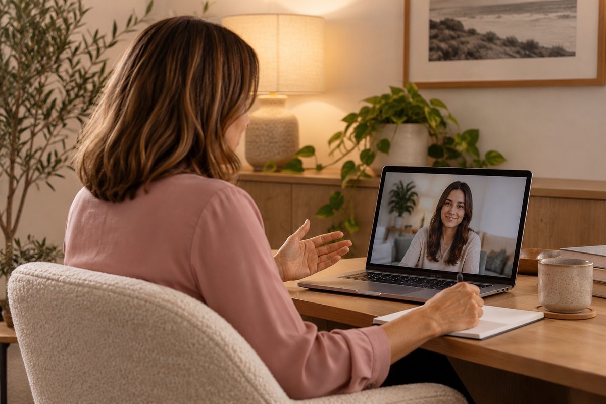 A Florens clinician providing an online video consultation from a calm, warmly lit room